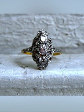 Vintage-Inspired Silver and Gold Filigree Ring with Mine Cut Diamonds